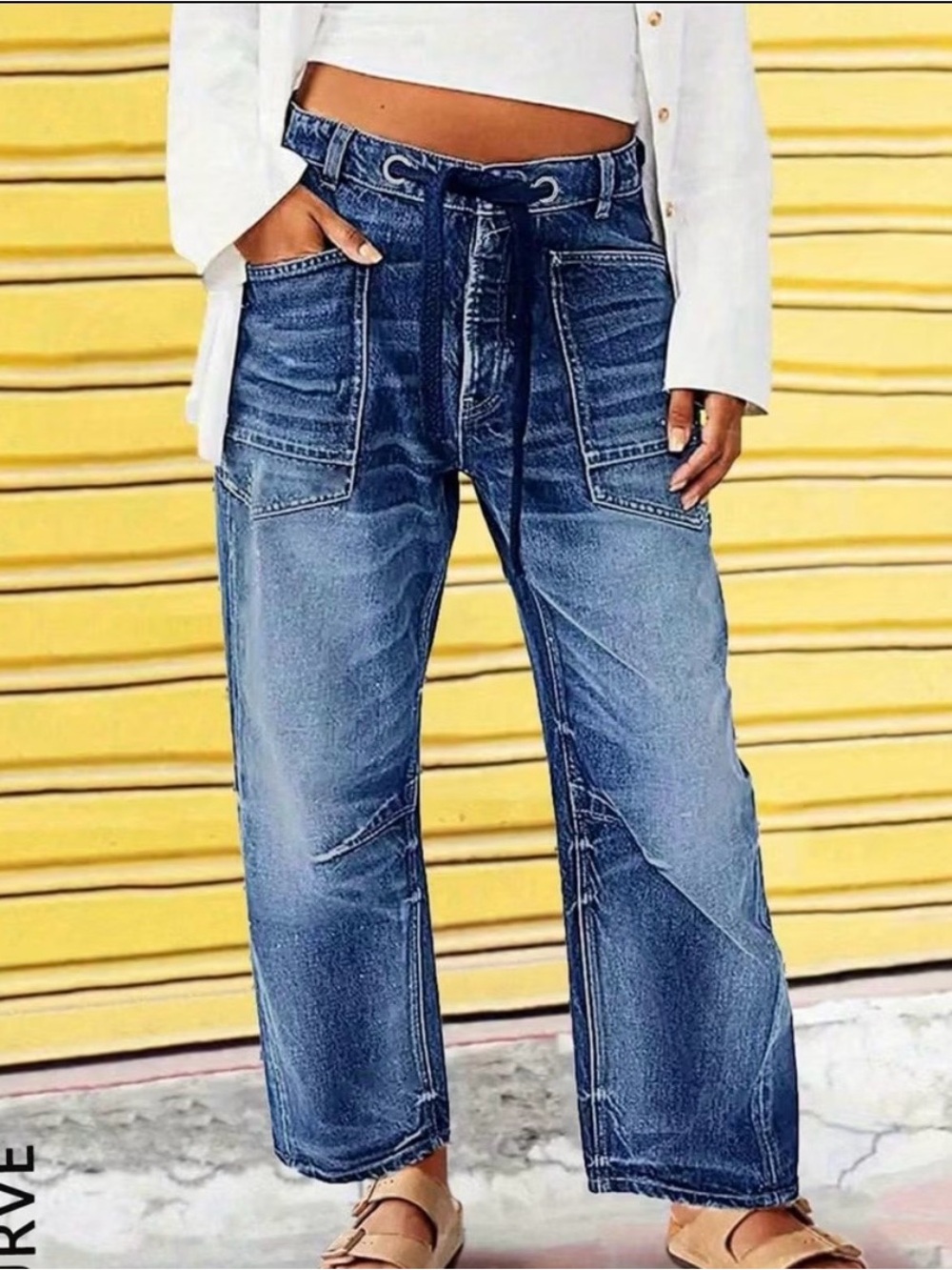 Casual Blue Wide-Leg Women's Jeans with Tie Waist